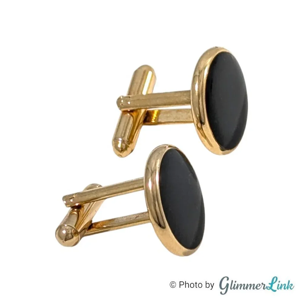 Black Enamel Circle Art Deco Style Gold Tone Cufflinks